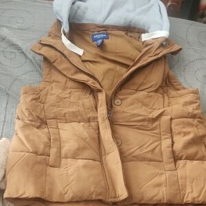 Brown Puffer Vest with Gray Hood